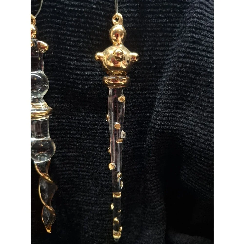 Vtg Glass Icicle Christmas Ornaments Clear Gold Accents Set of 4 Hanging 5 in